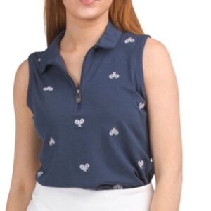NWT Sigrid Olsen Sleeveless Polo Shirt with sport racquets Embroidery size XL